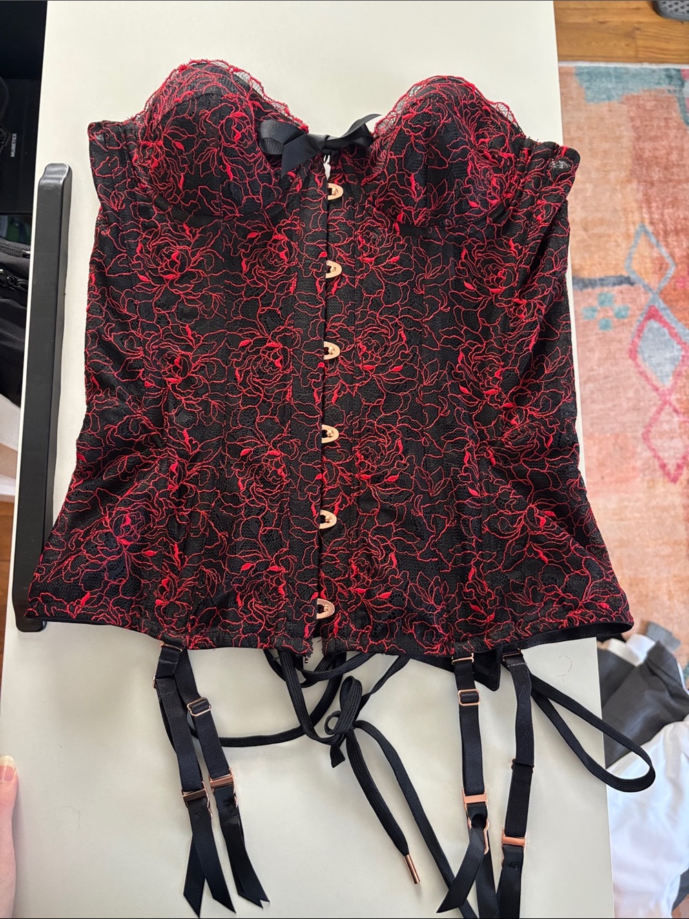 Savage X Fenty Black Corset Top with Red Lace Overlay